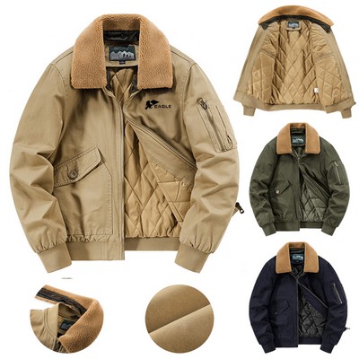 Men's Winter Bomber Jacket Oversized Fleece Outerwear with Zipper Closure and Patches